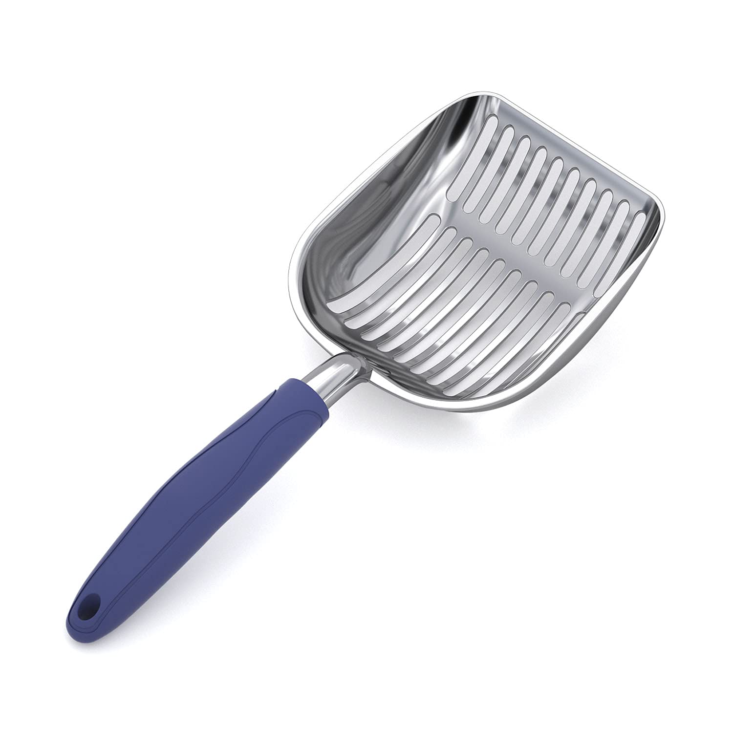 WePet cat litter scoop with polished aluminum and blue handle for easy use.