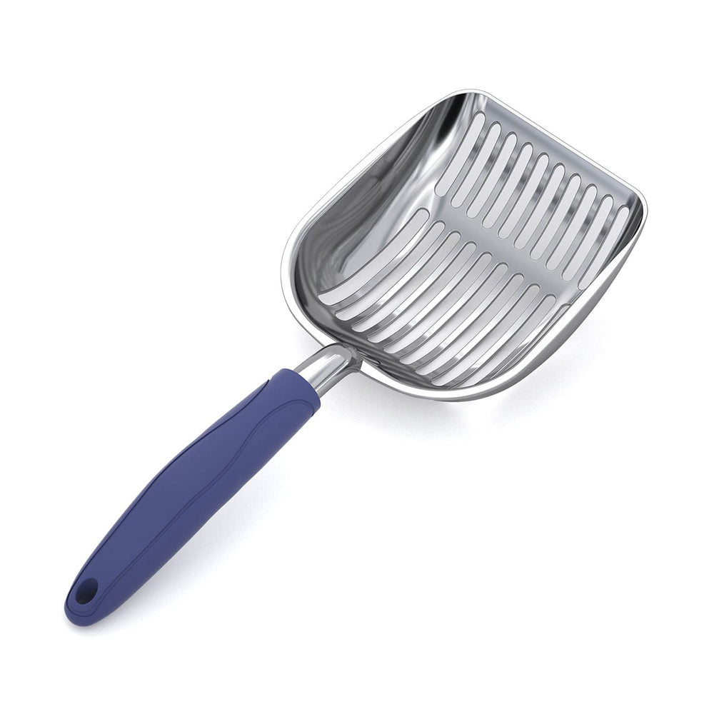 WePet cat litter scoop with polished aluminum and blue handle for easy use.