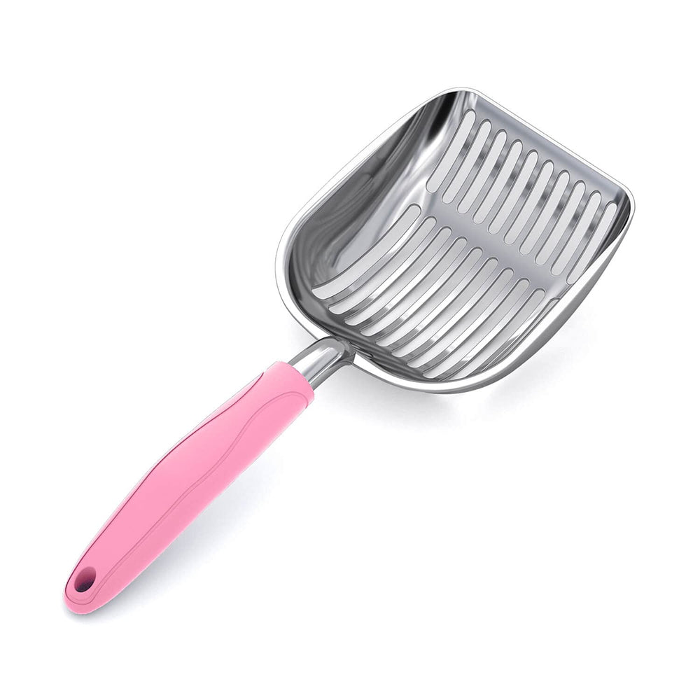 WePet cat litter scoop with polished aluminum body and pink handle for easy cleaning.