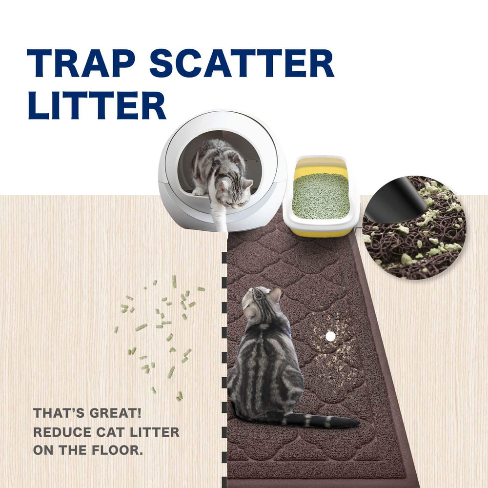 WePet mat with deep grooves and mesh traps litter, keeping paws cleaner.