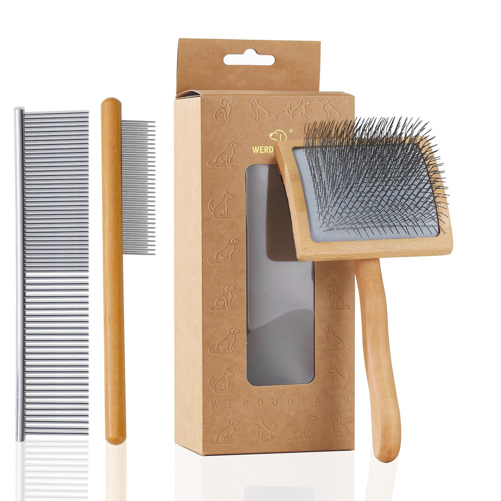 Werduoland ergonomic slicker brush with wooden handle for gentle grooming sessions