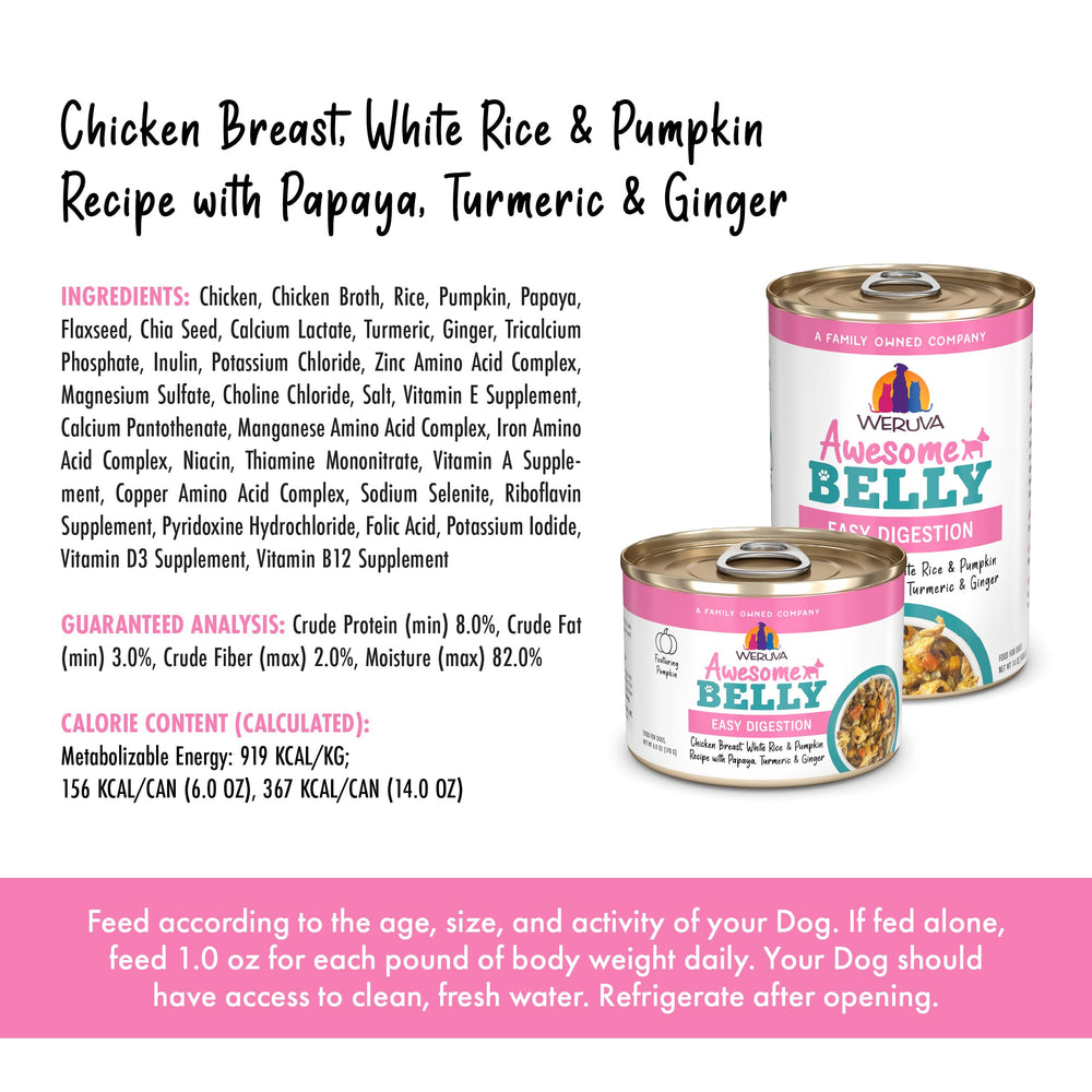 Weruva Awesome Belly can-packaging — prepared, high-quality dog food in a 14oz can.