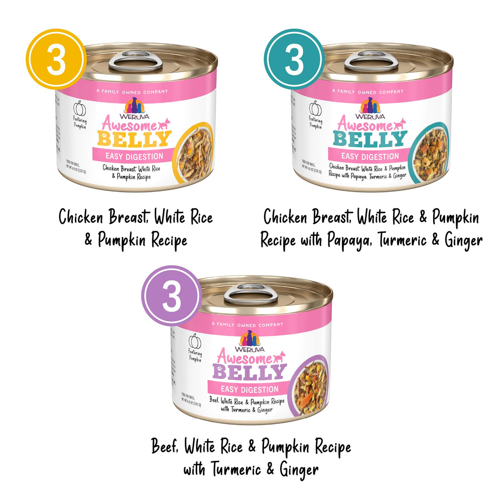 Ingredients lineup on Weruva Awesome Belly with pumpkin and rice