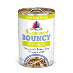 Weruva Awesome Bouncy chicken and brown rice can closeup, a complete meal for adult dogs.