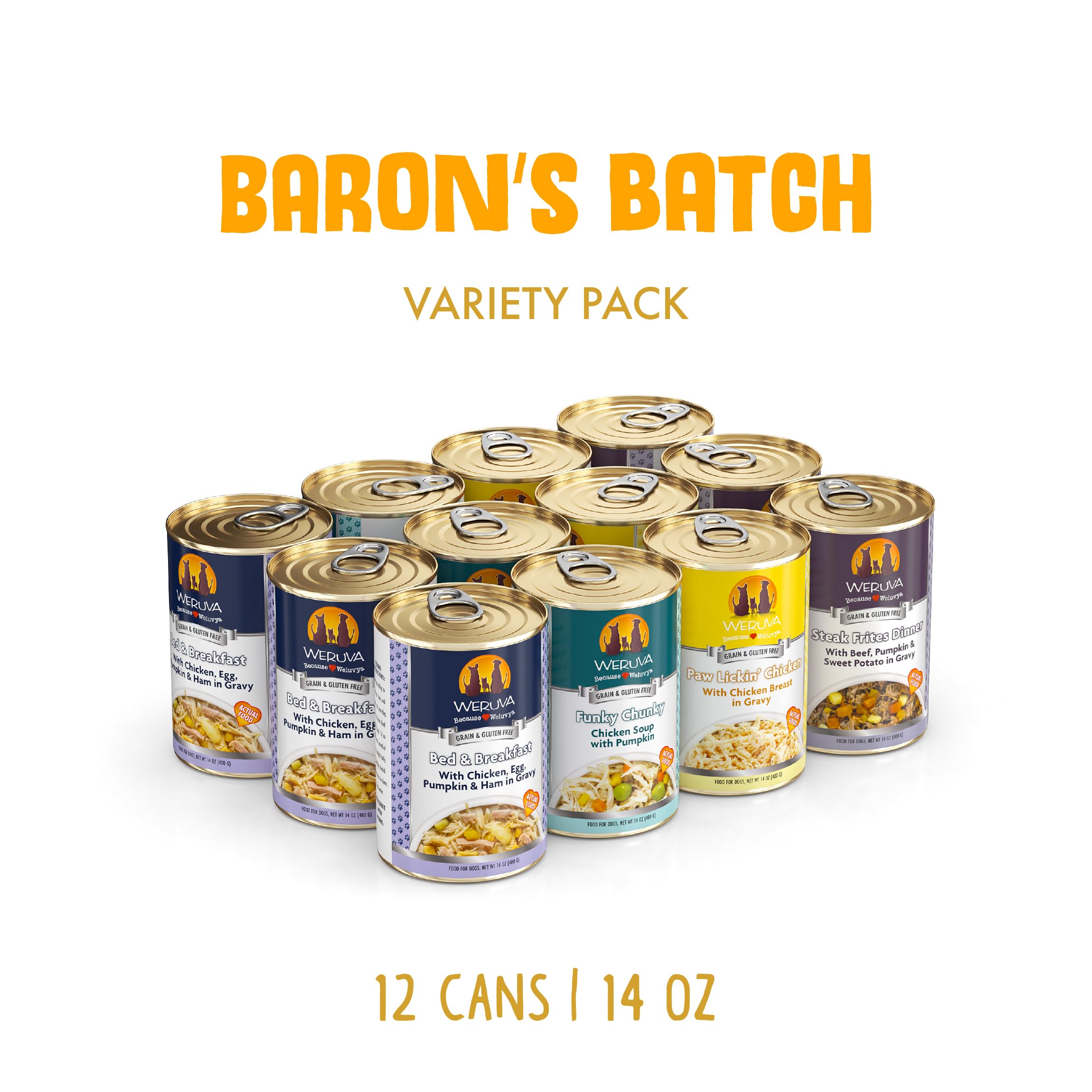 Weruva Baron's Batch Funky Chunky 14oz can, hearty beef recipe loved by picky eaters.