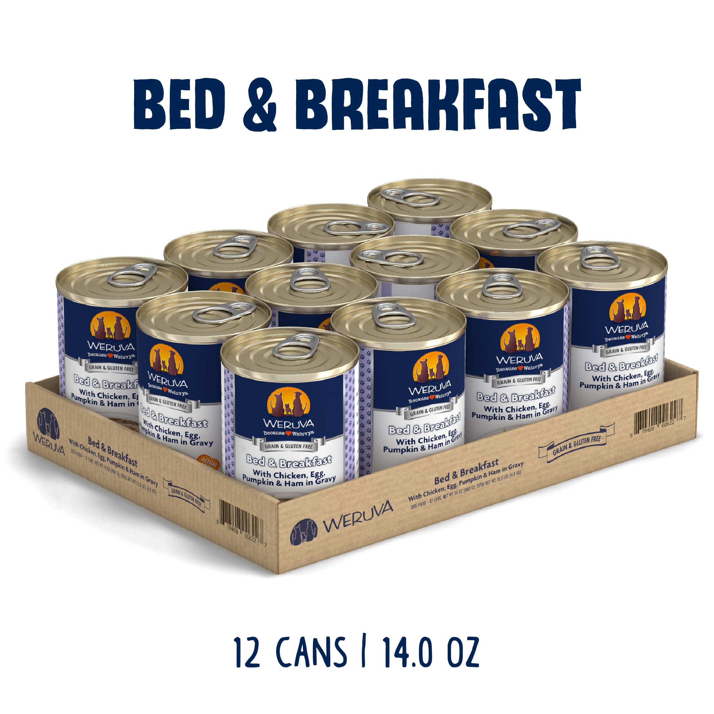 Close-up of Weruva Bed and Breakfast can showing visible ingredients and variety.