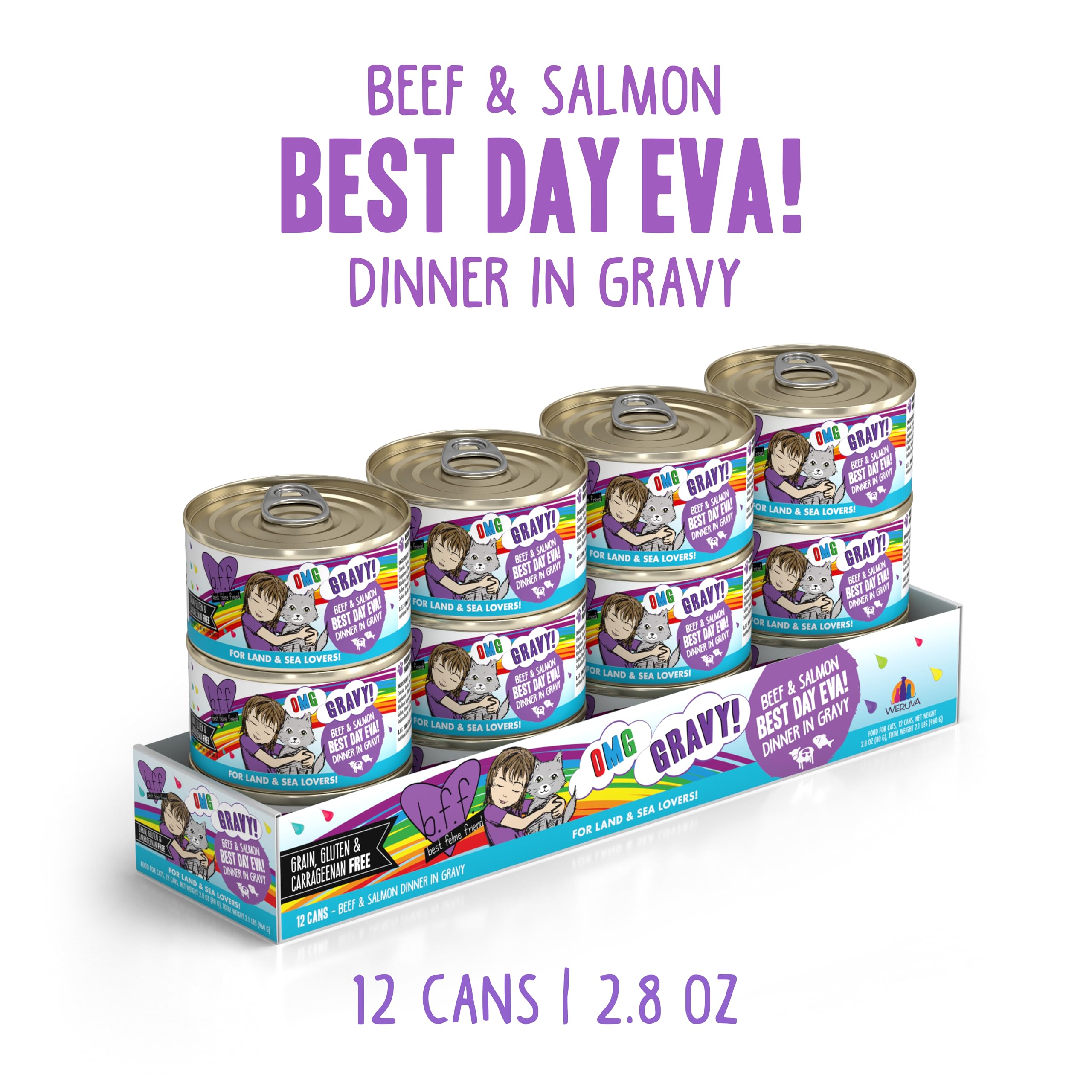 Weruva Best Day Eva beef and salmon can showcases protein and gravy.