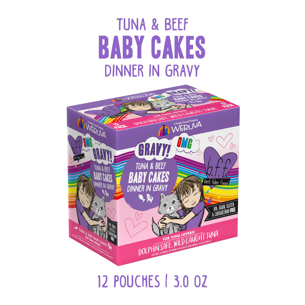 Weruva B.F.OMG purple packaging Baby Cakes close-up for easy servings