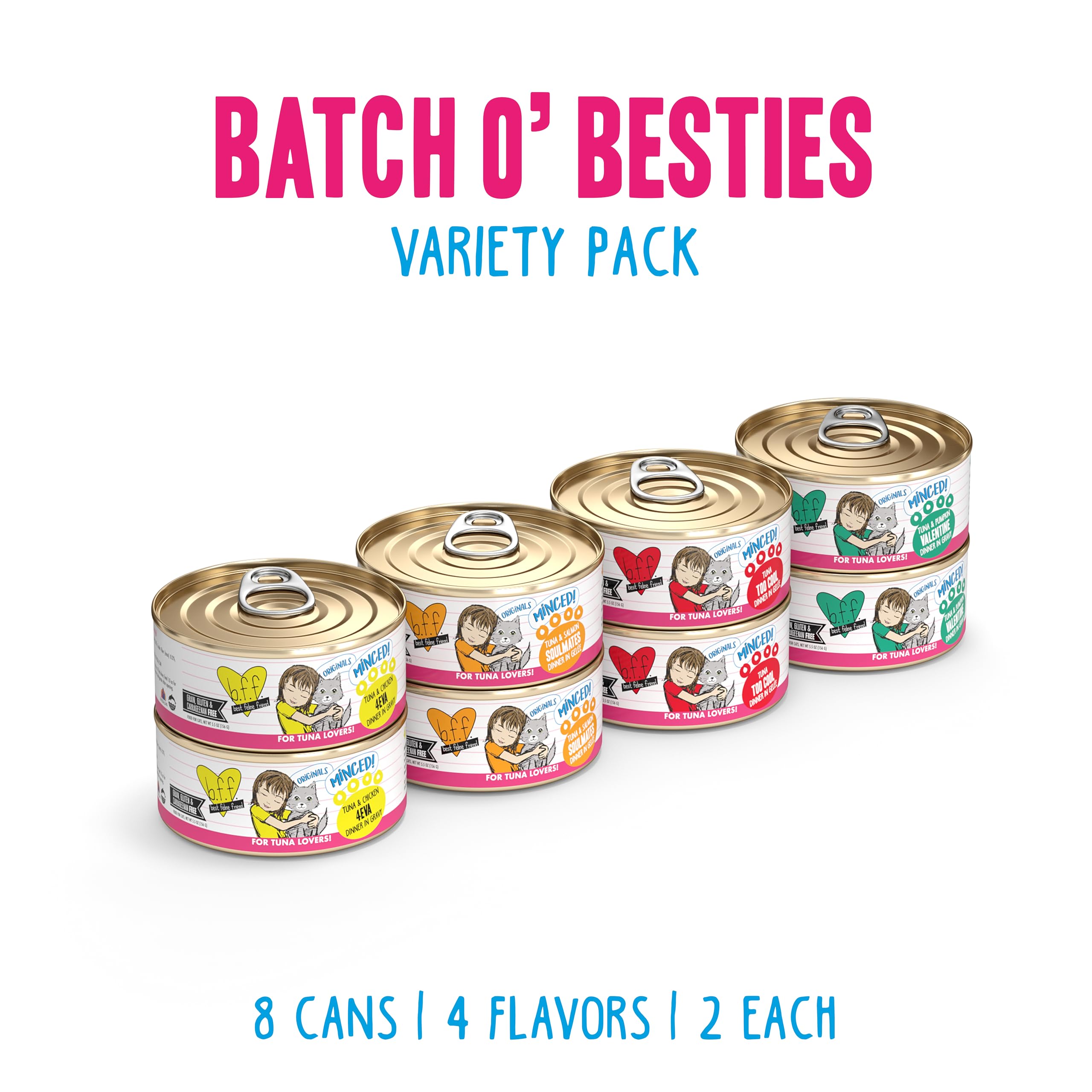 Eight cans displayed to highlight the Variety Pack for balanced feline meals.