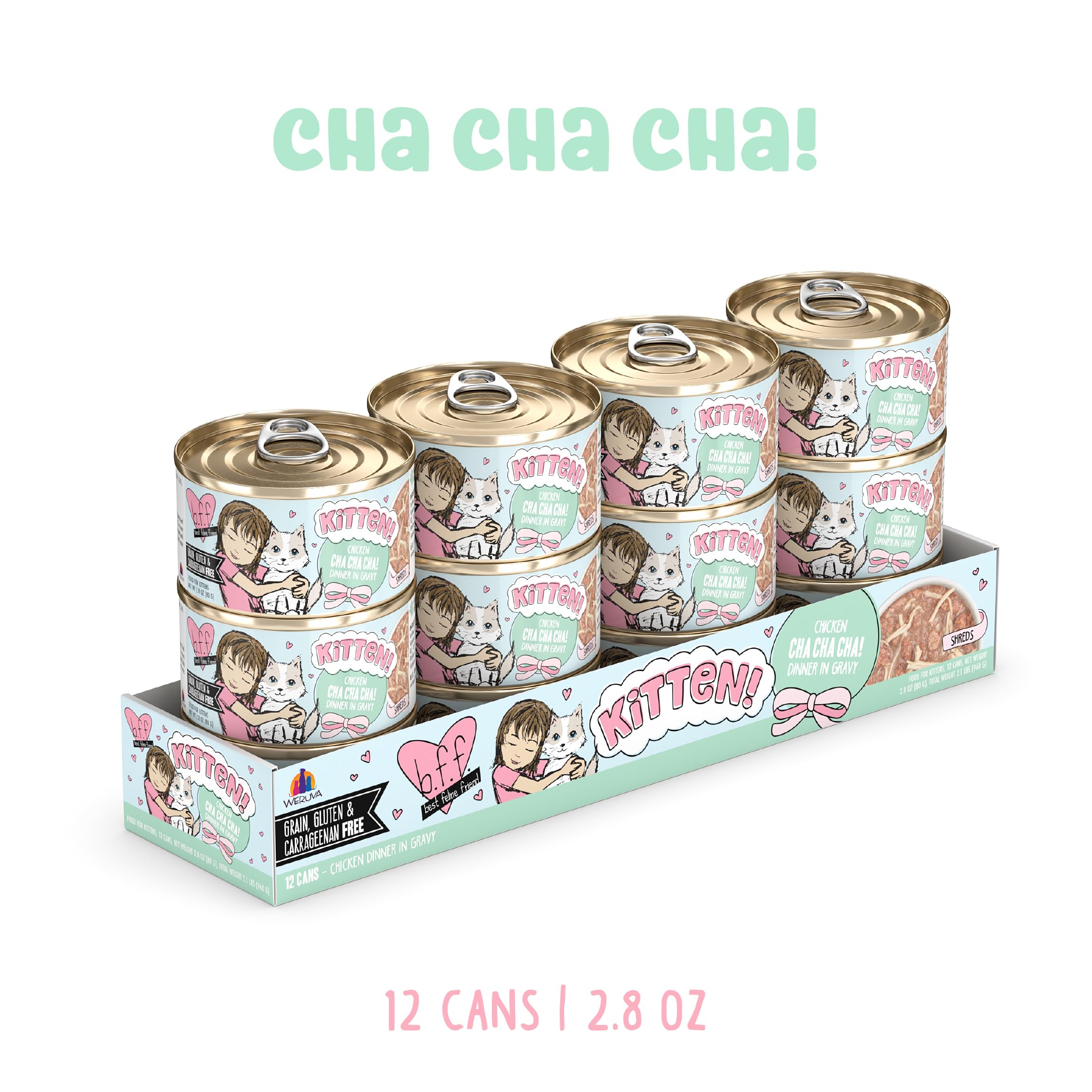 Close-up of Weruva BFF Kitten Cha Cha Cha can emphasizing gluten-free, grain-free formula