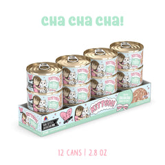Close-up of Weruva BFF Kitten Cha Cha Cha can emphasizing gluten-free, grain-free formula