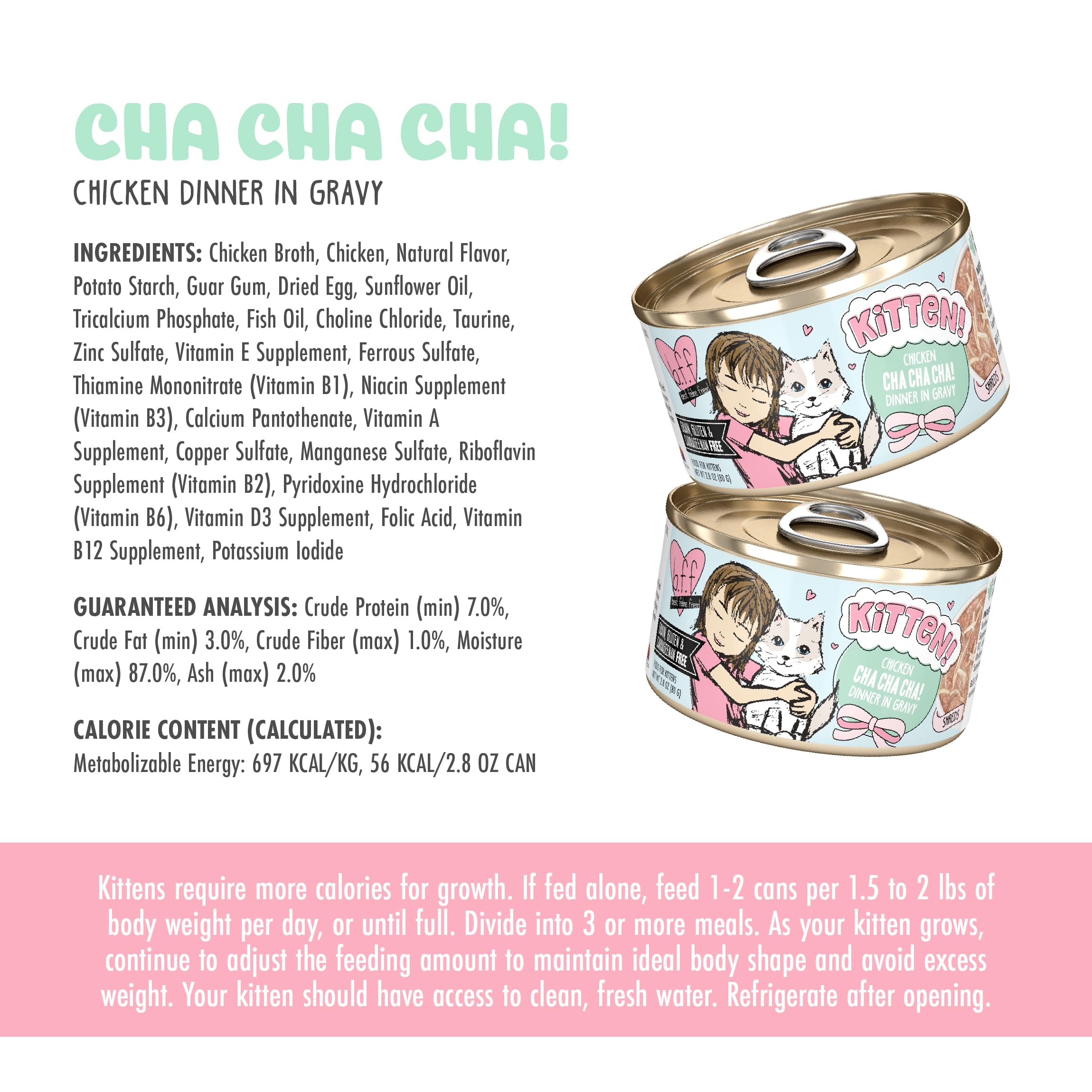 Pack of 12 Weruva BFF Cha Cha Cha cans shown for convenient kitten meals