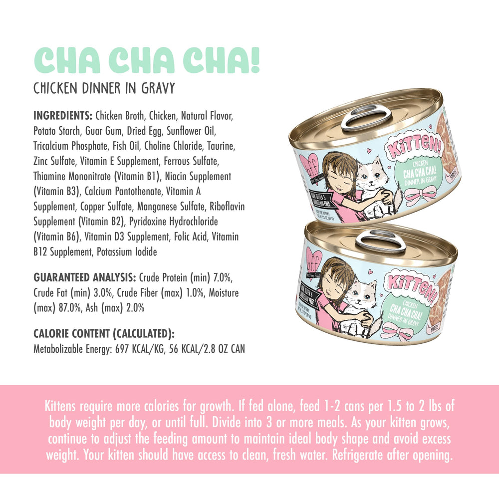 Pack of 12 Weruva BFF Cha Cha Cha cans shown for convenient kitten meals