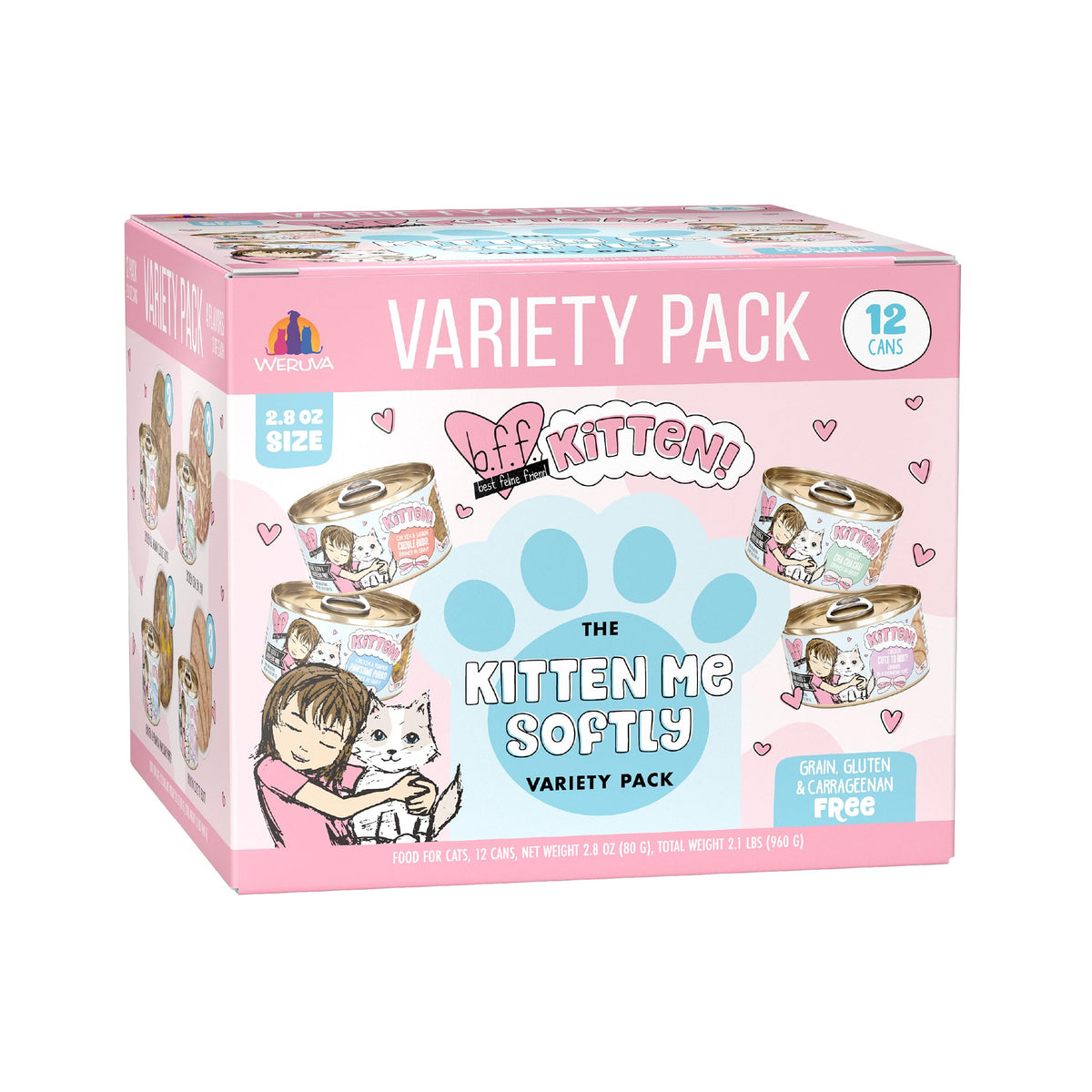 Weruva B.F.F. Kitten Variety Pack front label highlighting four flavors for varied meals