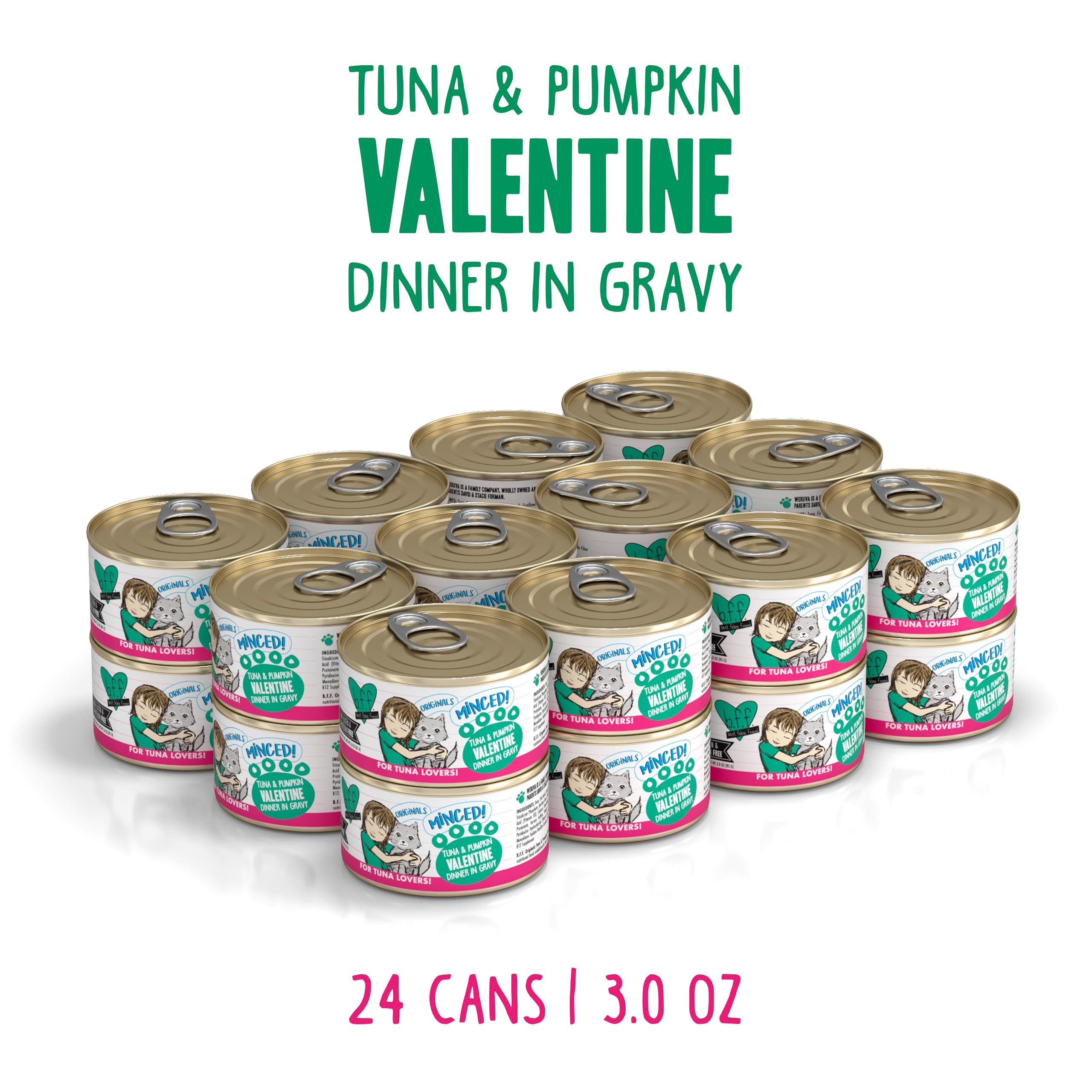 Closeup of Weruva BFF tuna and pumpkin in gravy; tender minced tuna