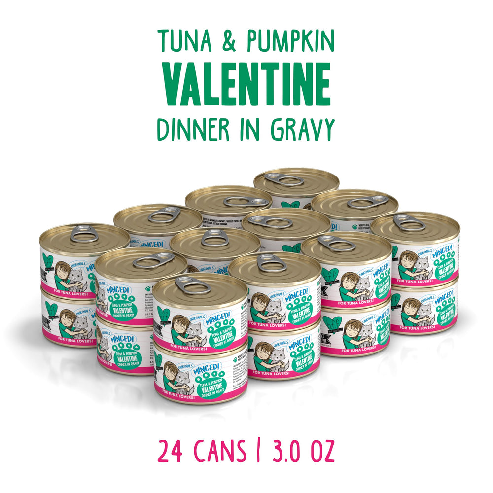 Closeup of Weruva BFF tuna and pumpkin in gravy; tender minced tuna