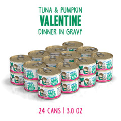 Closeup of Weruva BFF tuna and pumpkin in gravy; tender minced tuna