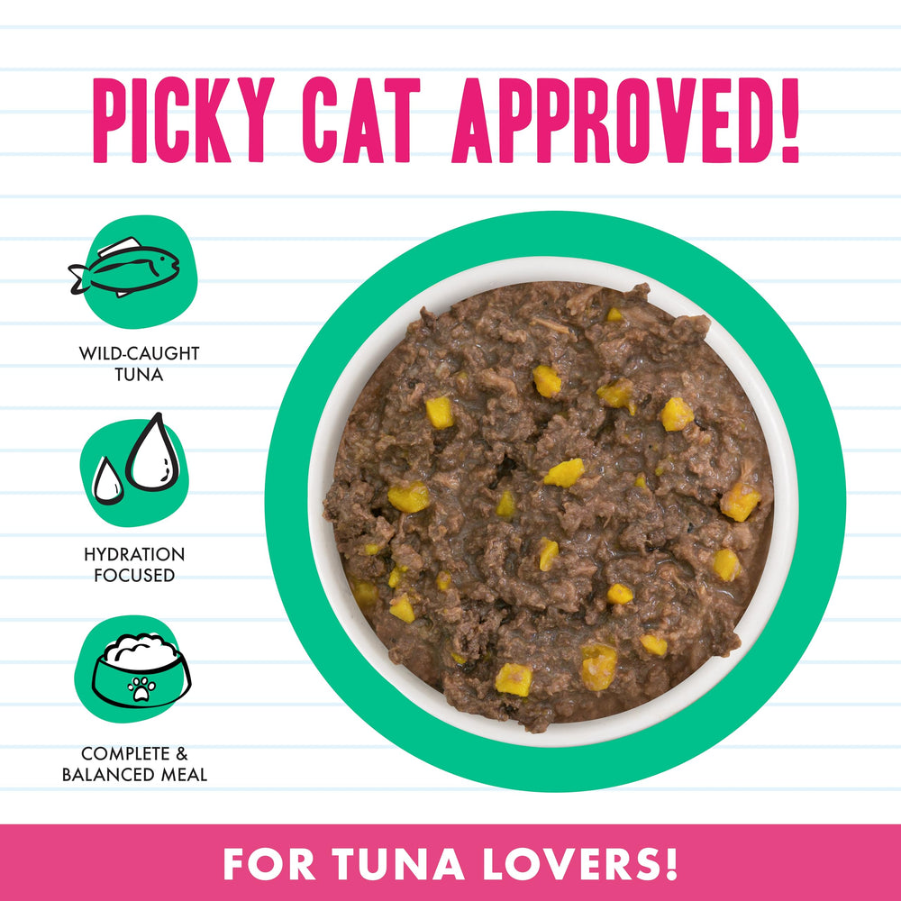 Weruva BFF minced tuna in gravy with pumpkin chunks; savory cat texture