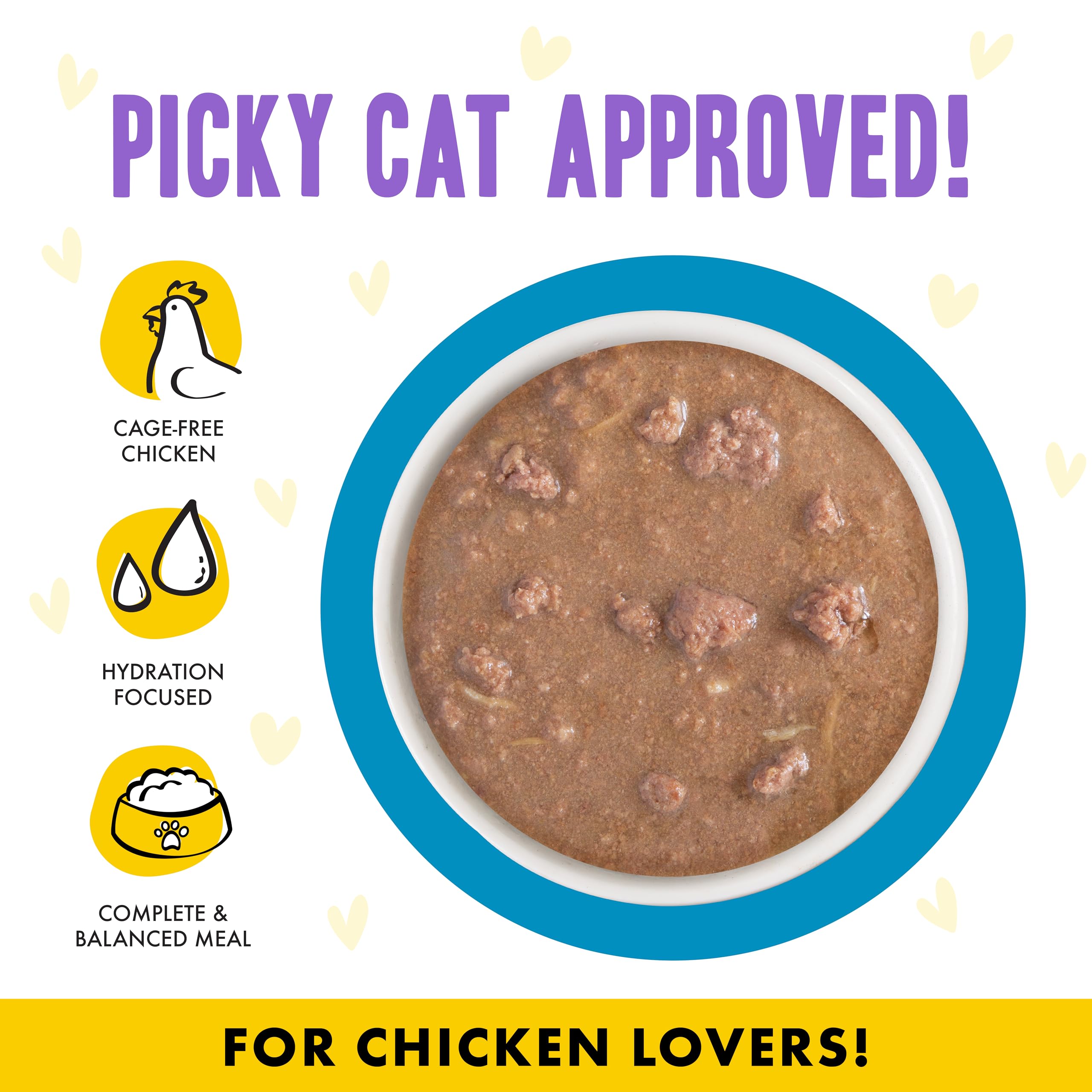 Weruva B.F.F. OMG cage-free ground chicken in gravy highlighting lean protein.