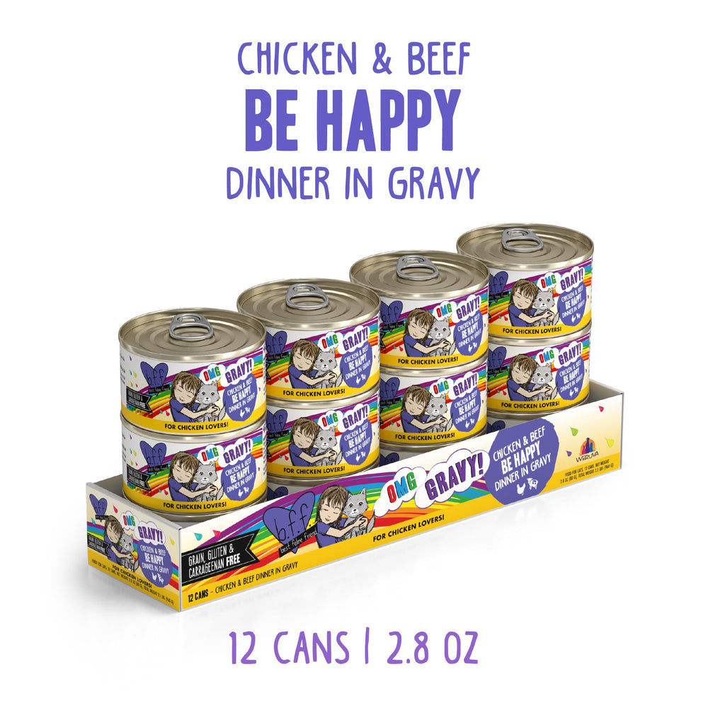 Weruva B.F.F. OMG chicken-beef in gravy served in a bowl emphasizes texture and moisture.
