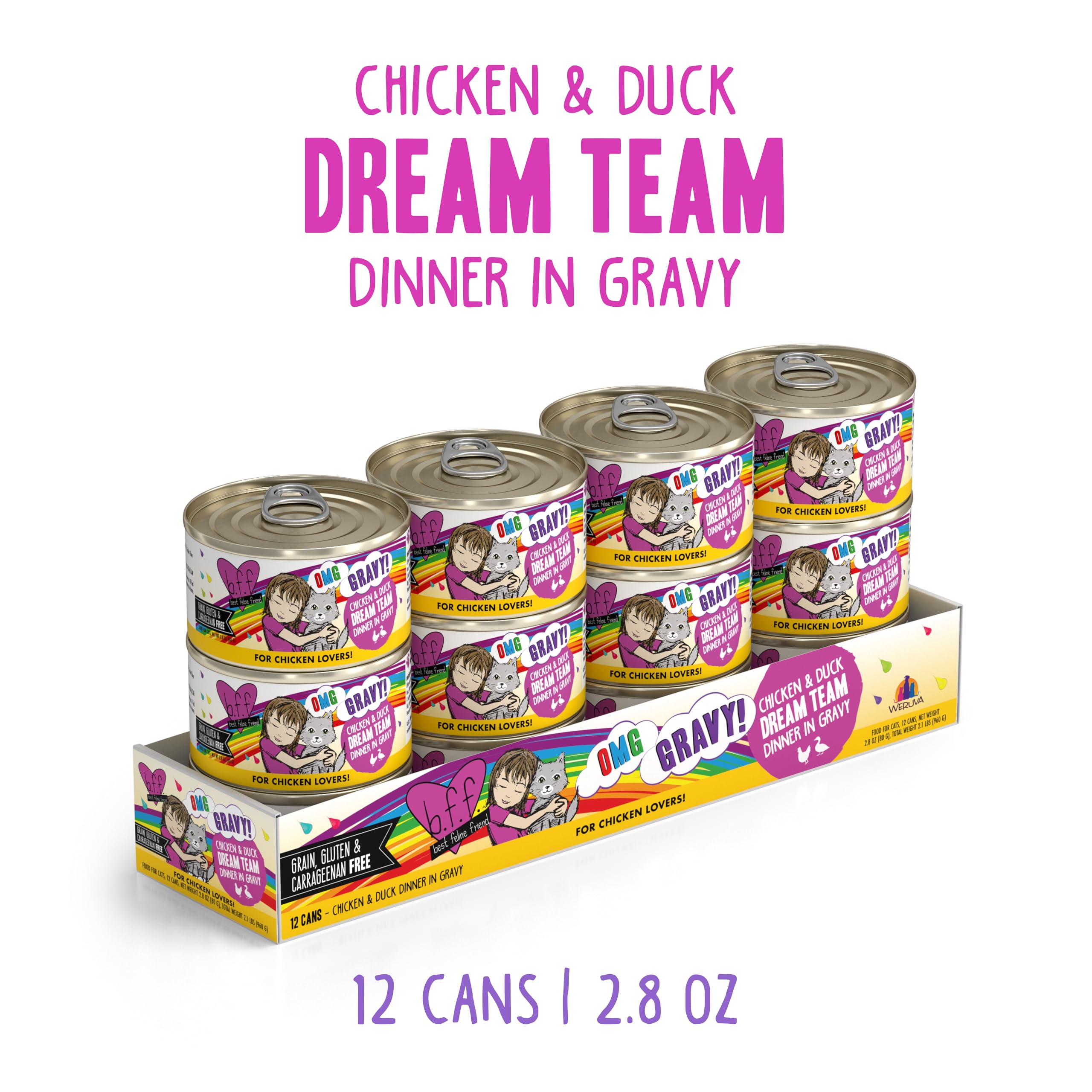 Weruva B.F.F. OMG chicken and duck in gravy can image highlighting lean protein for daily nourishment