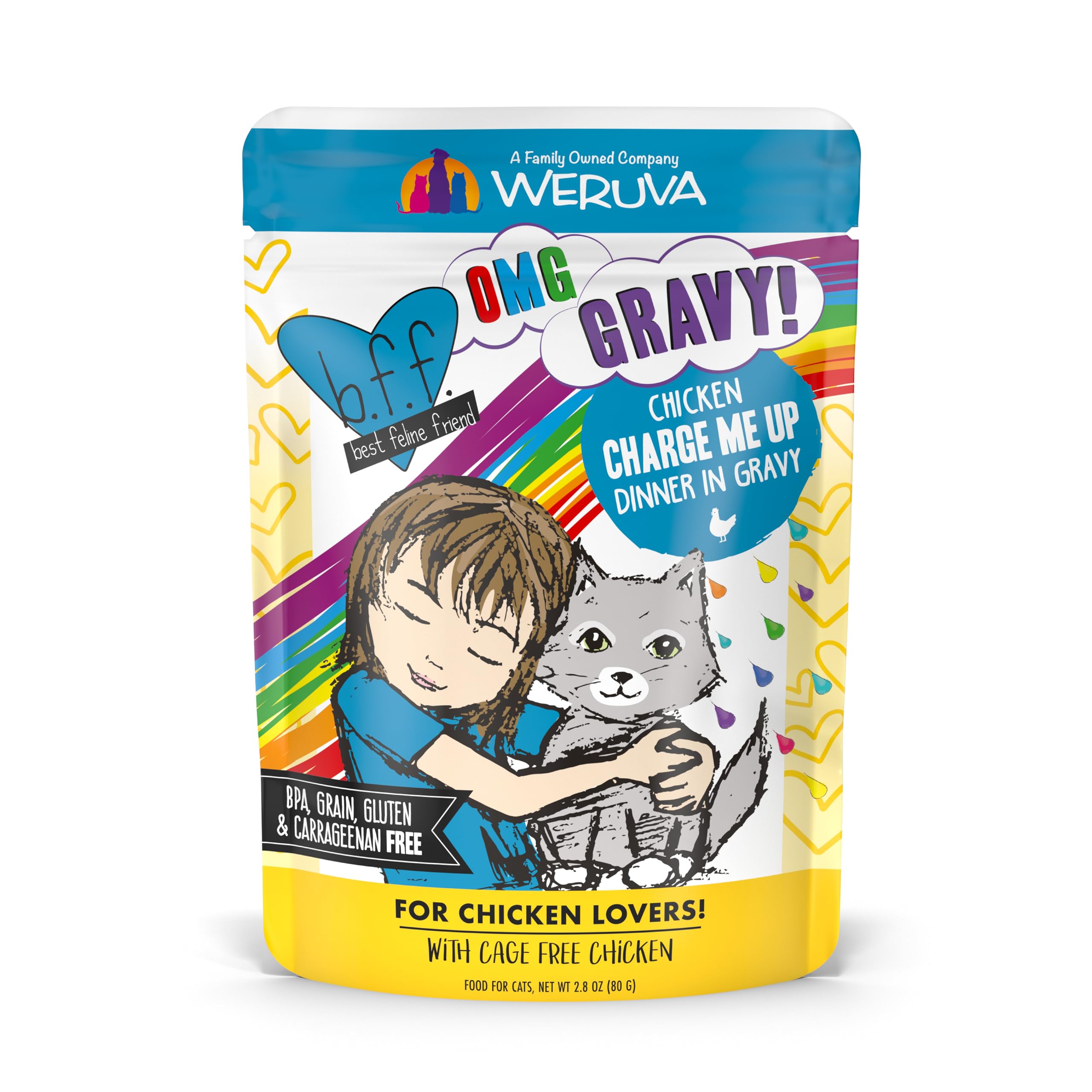 Weruva B.F.F. OMG chicken pieces in gravy deliver flavorful moisture for cats.
