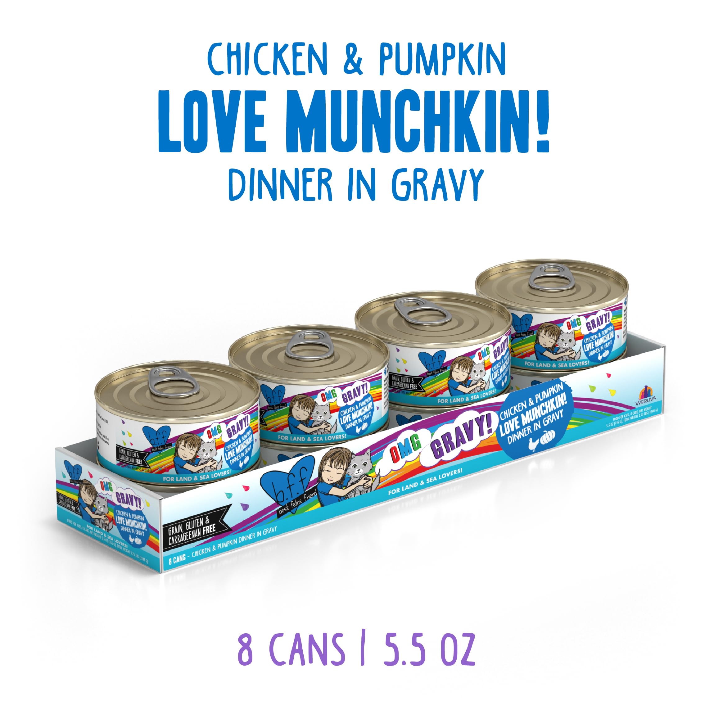 Weruva B.F.F. OMG chicken pumpkin in gravy, savory bites cats love.