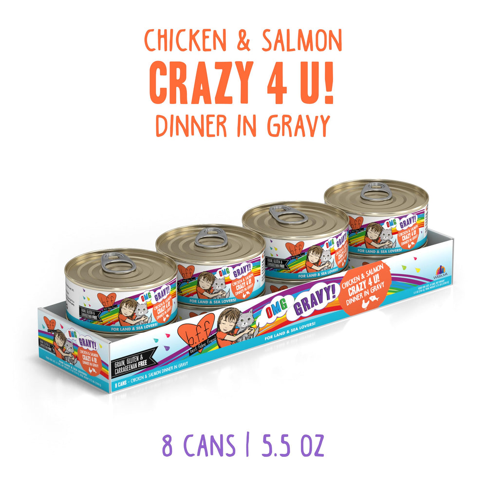 Weruva B.F.F. OMG chicken and salmon minced pieces in gravy entice meals.