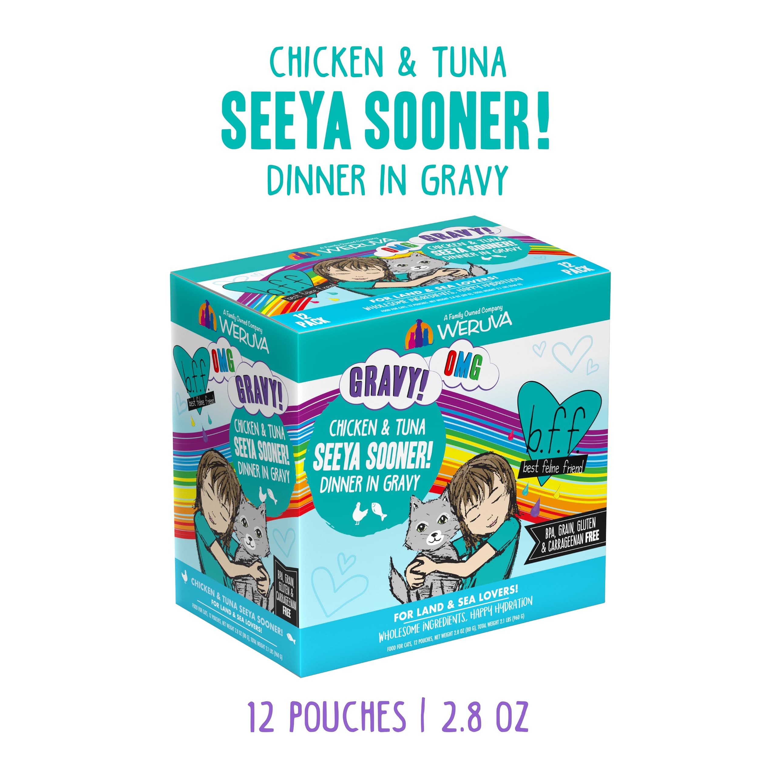 Weruva B.F.F. OMG chicken-tuna in gravy highlights juicy textures.