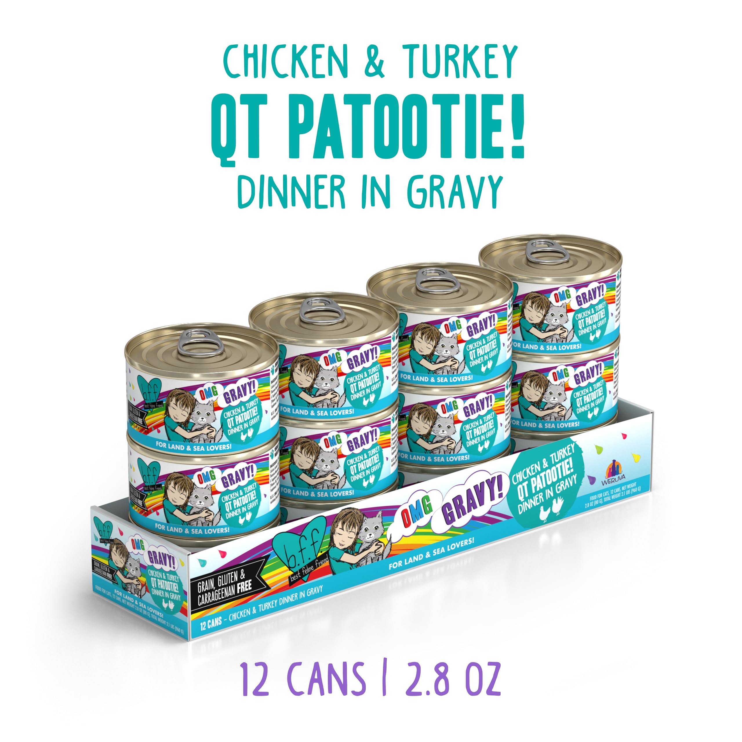 Weruva B.F.F. OMG chicken and turkey in gravy boosts flavor and hydration.