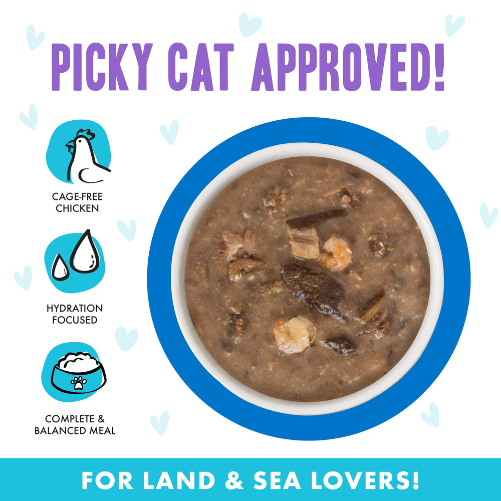 Cat enjoys tender meat chunks in gravy from Weruva B.F.F. OMG Ciao Baby.