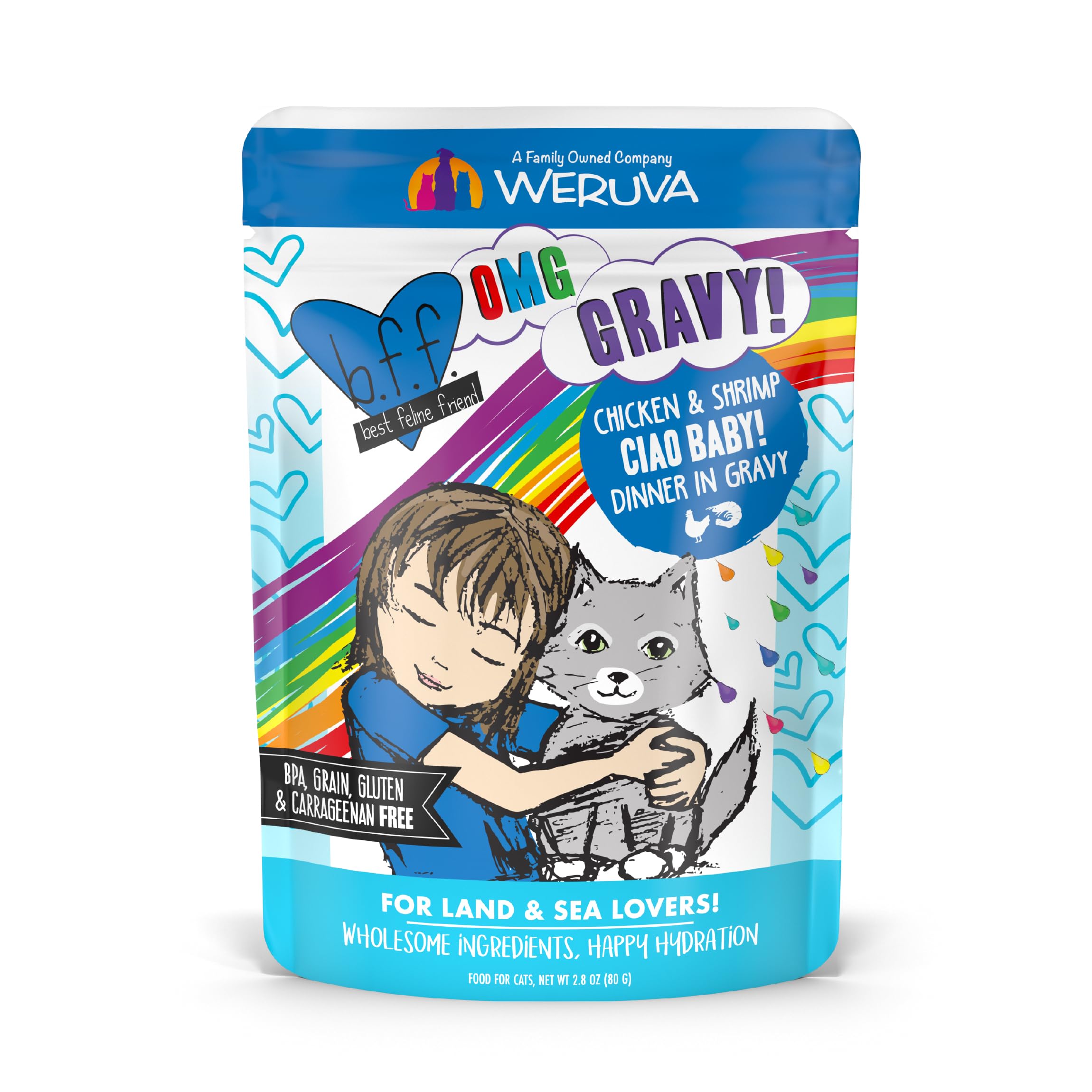 Weruva B.F.F. OMG Ciao Baby chicken and shrimp in gravy pouch highlights hydration.