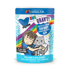 Weruva B.F.F. OMG Ciao Baby chicken and shrimp in gravy pouch highlights hydration.