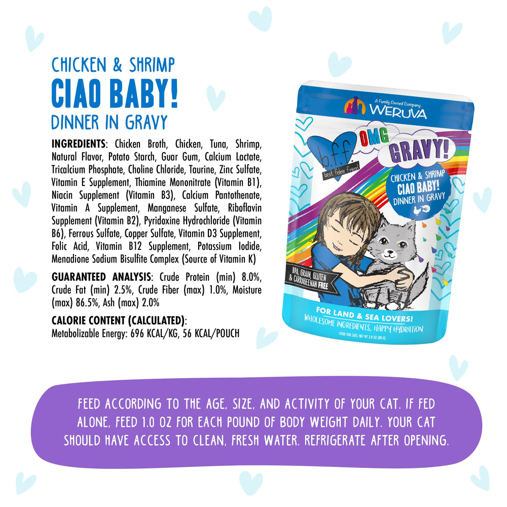 Weruva B.F.F. OMG grain-free, gluten-free packaging claim visible.