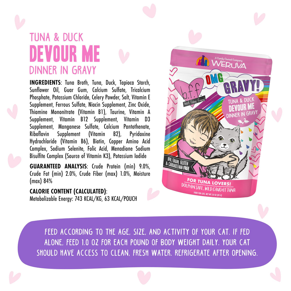 Weruva BFF OMG duck topper pouch—cage-free poultry in savory gravy.