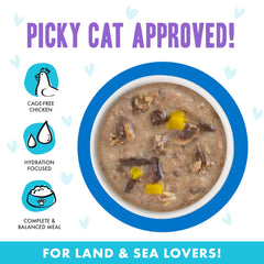 Weruva B.F.F. OMG extra gravy, tender chicken pieces, keeps cats hydrated and satisfied.