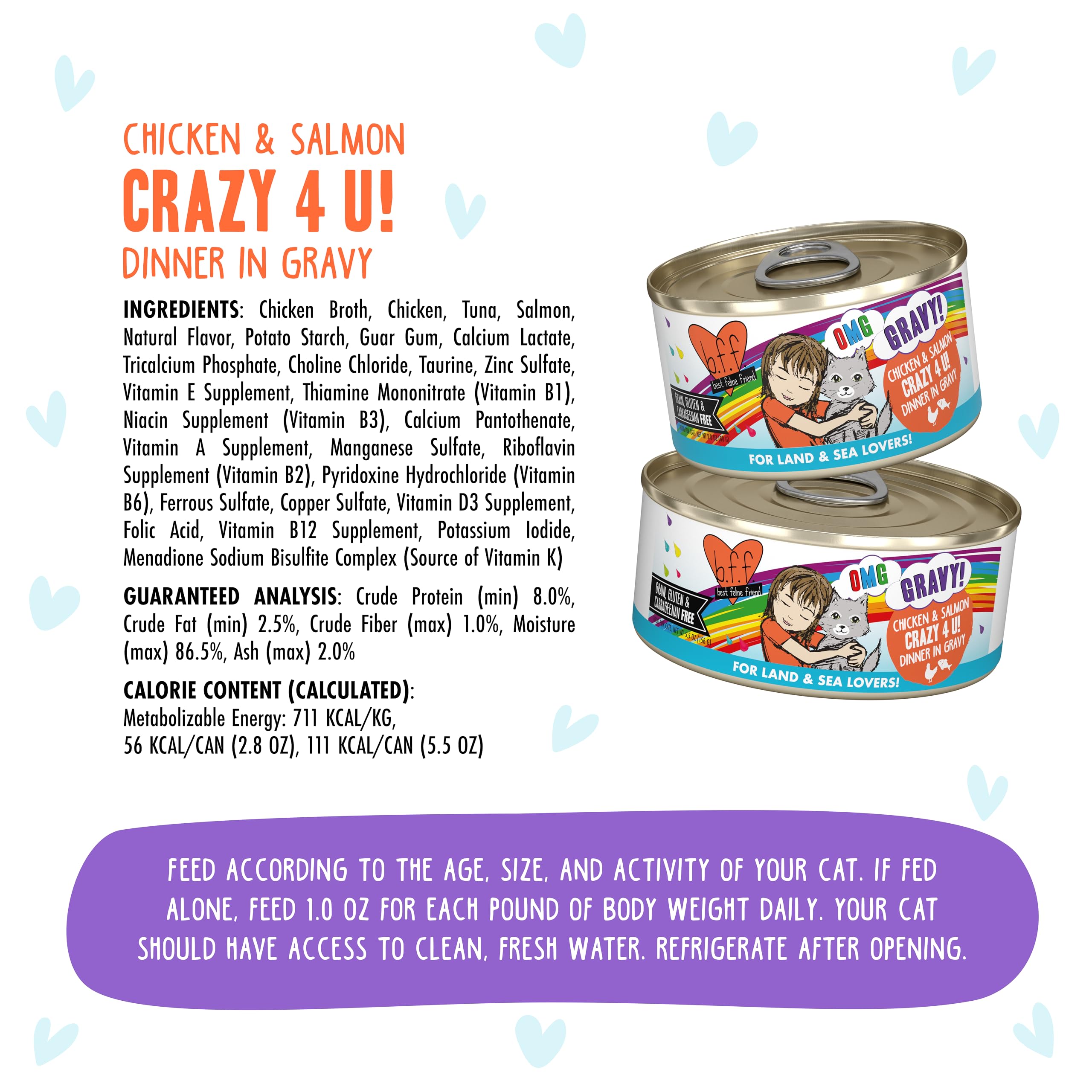 Weruva B.F.F. OMG grain-free, gluten-free, carrageenan-free image highlights diet-friendly formula.