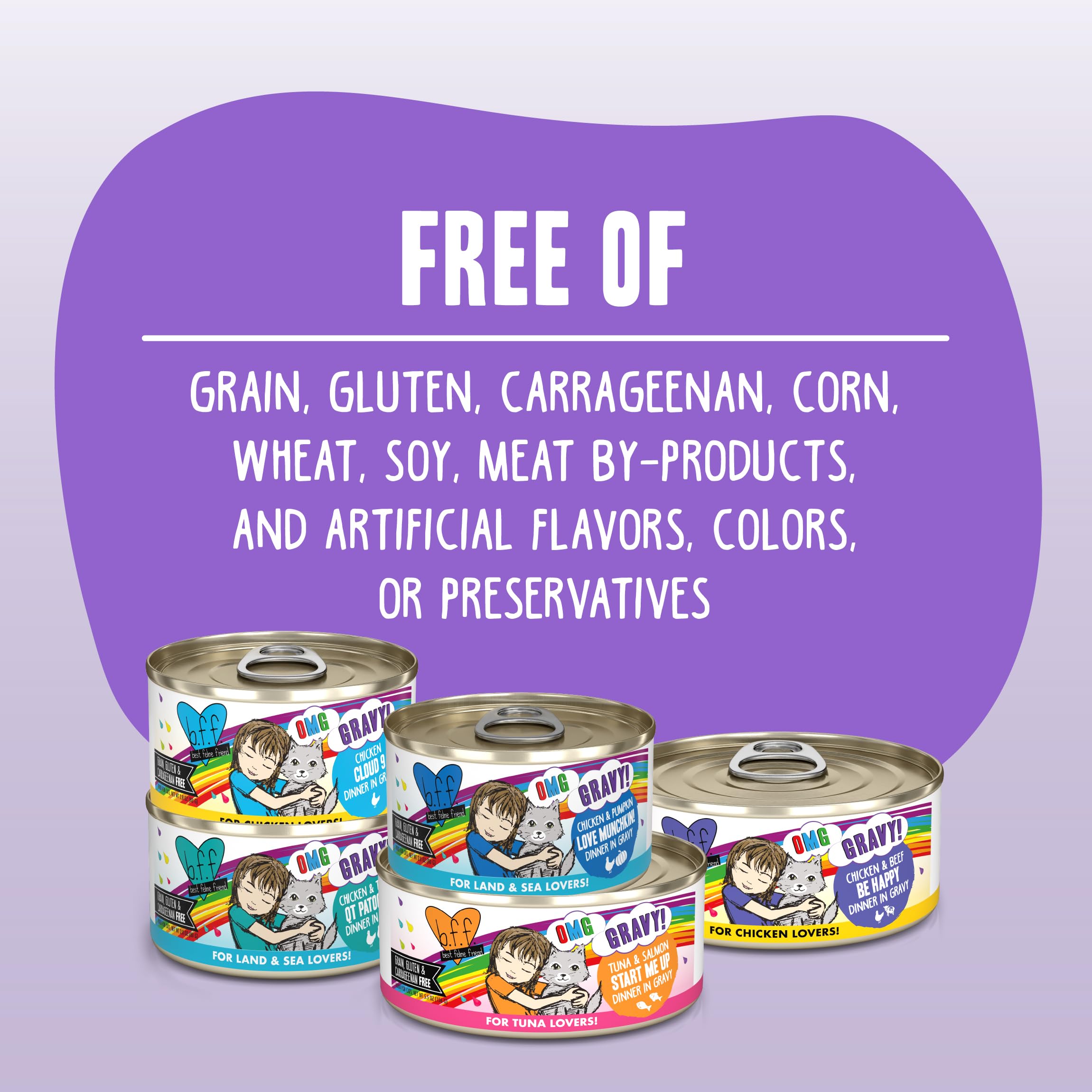 Weruva B.F.F. OMG packaging label shows grain-free and carrageenan-free claim for discerning owners.