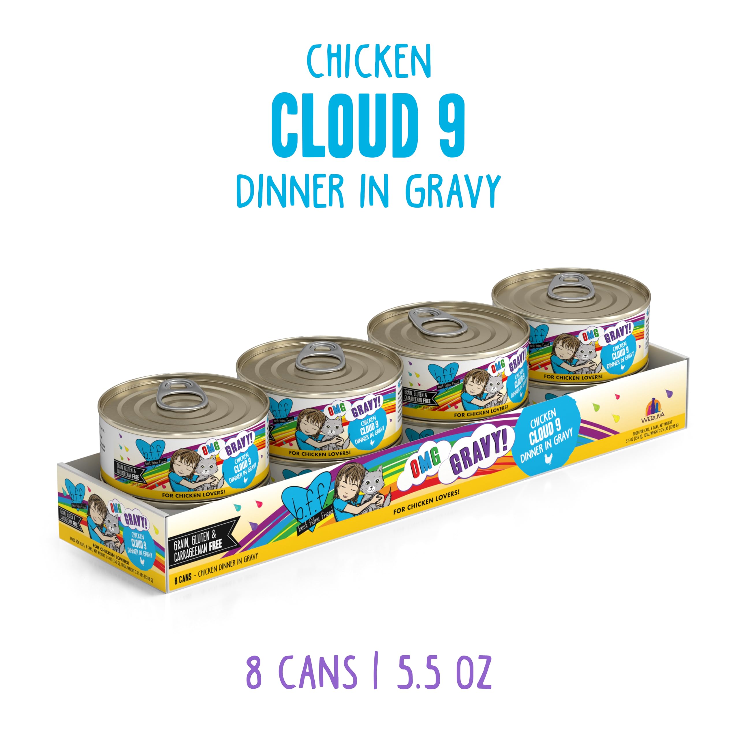 Weruva B.F.F. OMG gravy closeup with juicy chicken pieces in savory sauce for cats.