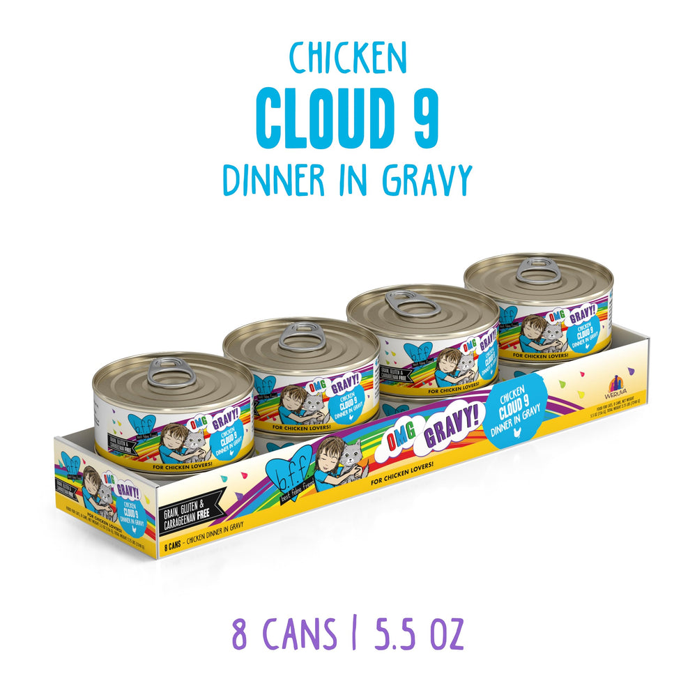 Weruva B.F.F. OMG gravy closeup with juicy chicken pieces in savory sauce for cats.