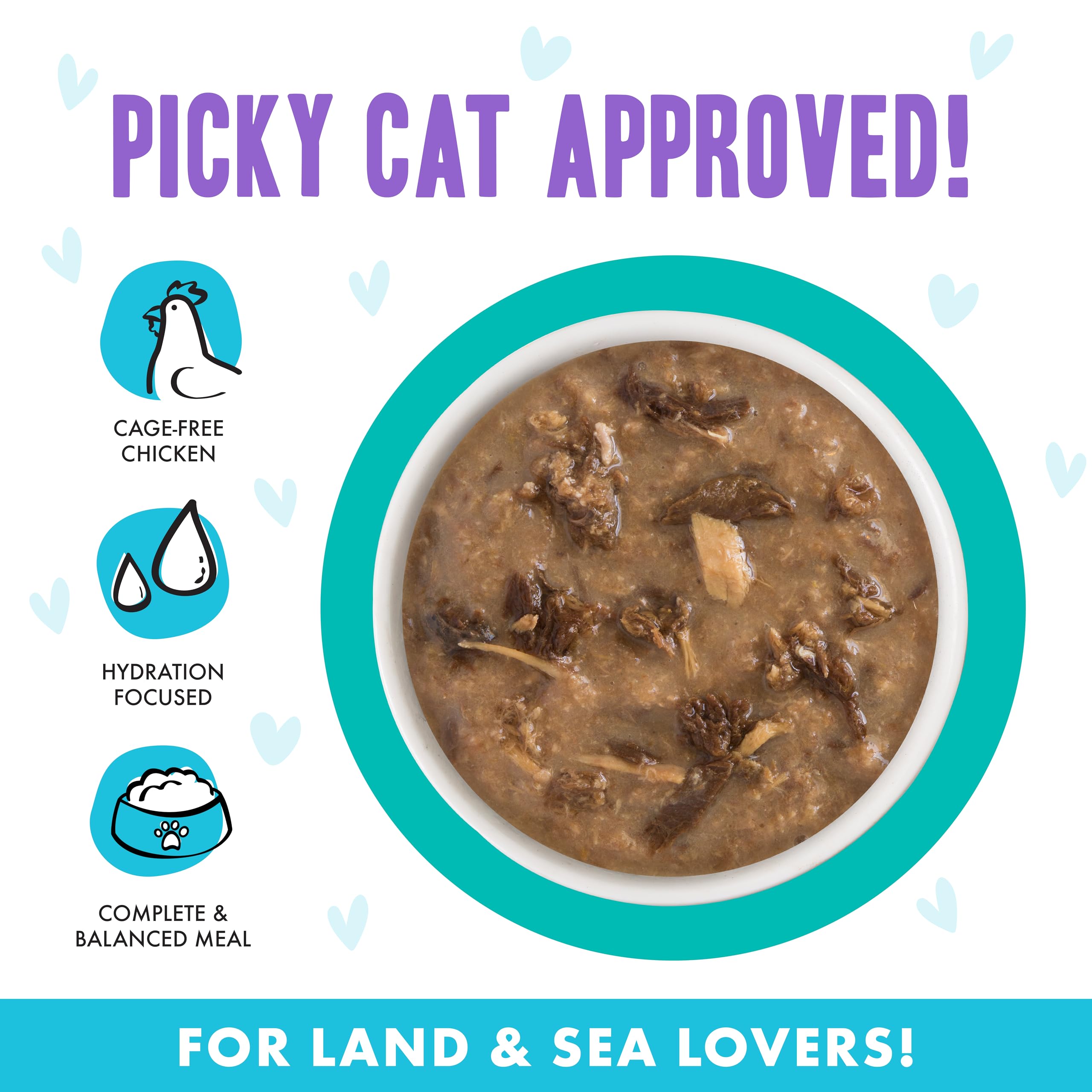 Weruva B.F.F. OMG gravy-rich bites emphasize tender pieces cats love.