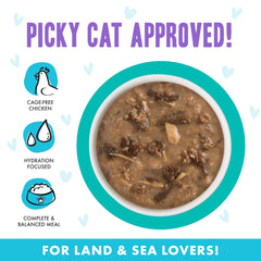 Weruva B.F.F. OMG gravy-rich bites emphasize tender pieces cats love.