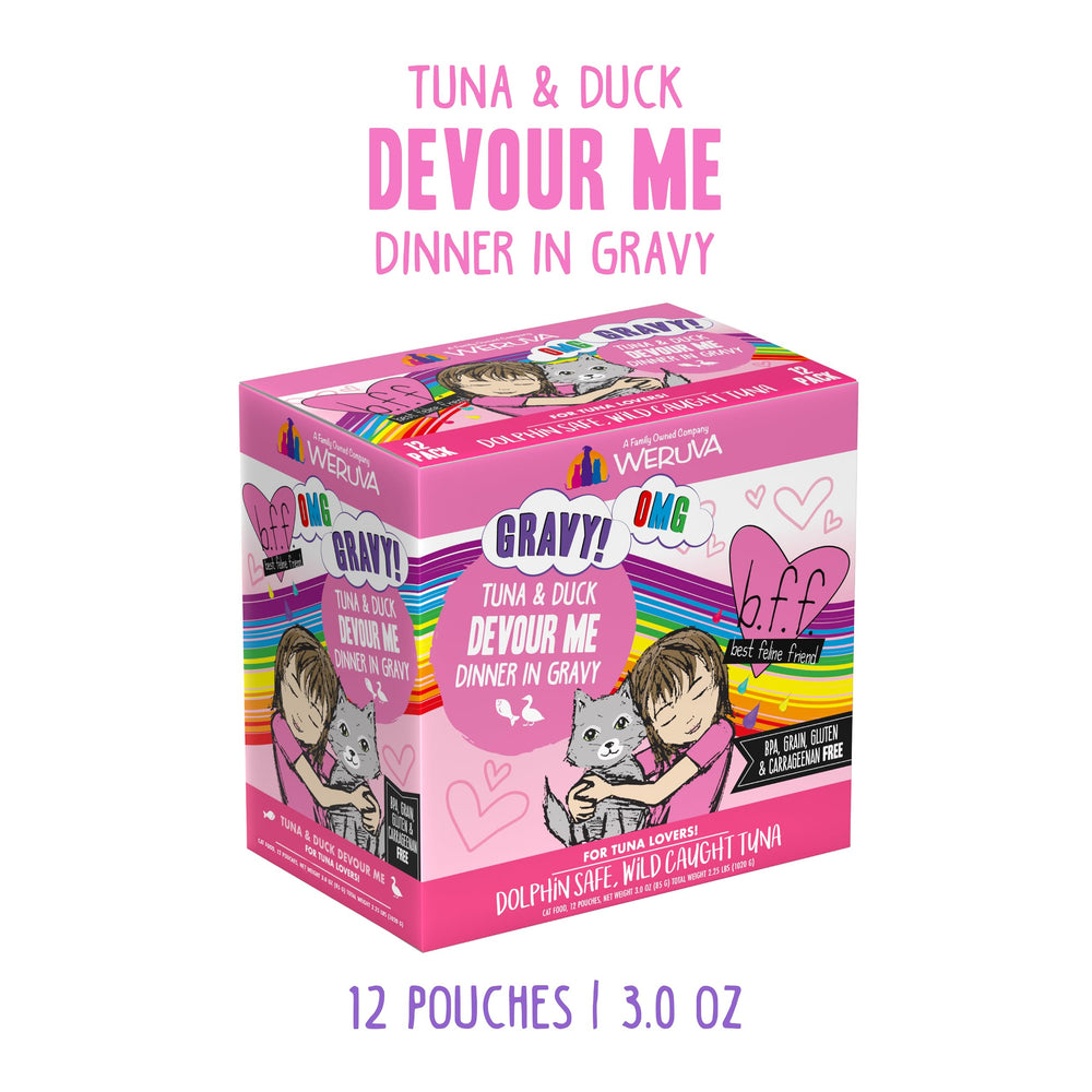 Weruva BFF OMG gravy texture pouch—tasty tuna and duck for adult cats.