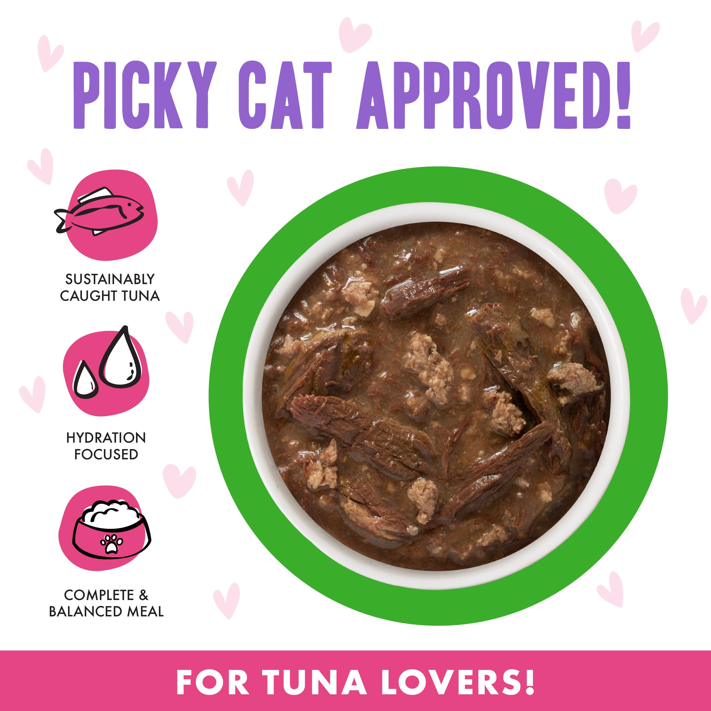 Gravy-rich Weruva OMG cat food close-up, moistened texture for felines.