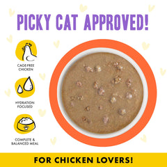 Weruva B.F.F. OMG juicy gravy with tender chicken chunks to entice cats.