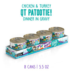 Juicy gravy coats tender chicken and turkey for feline flavor.