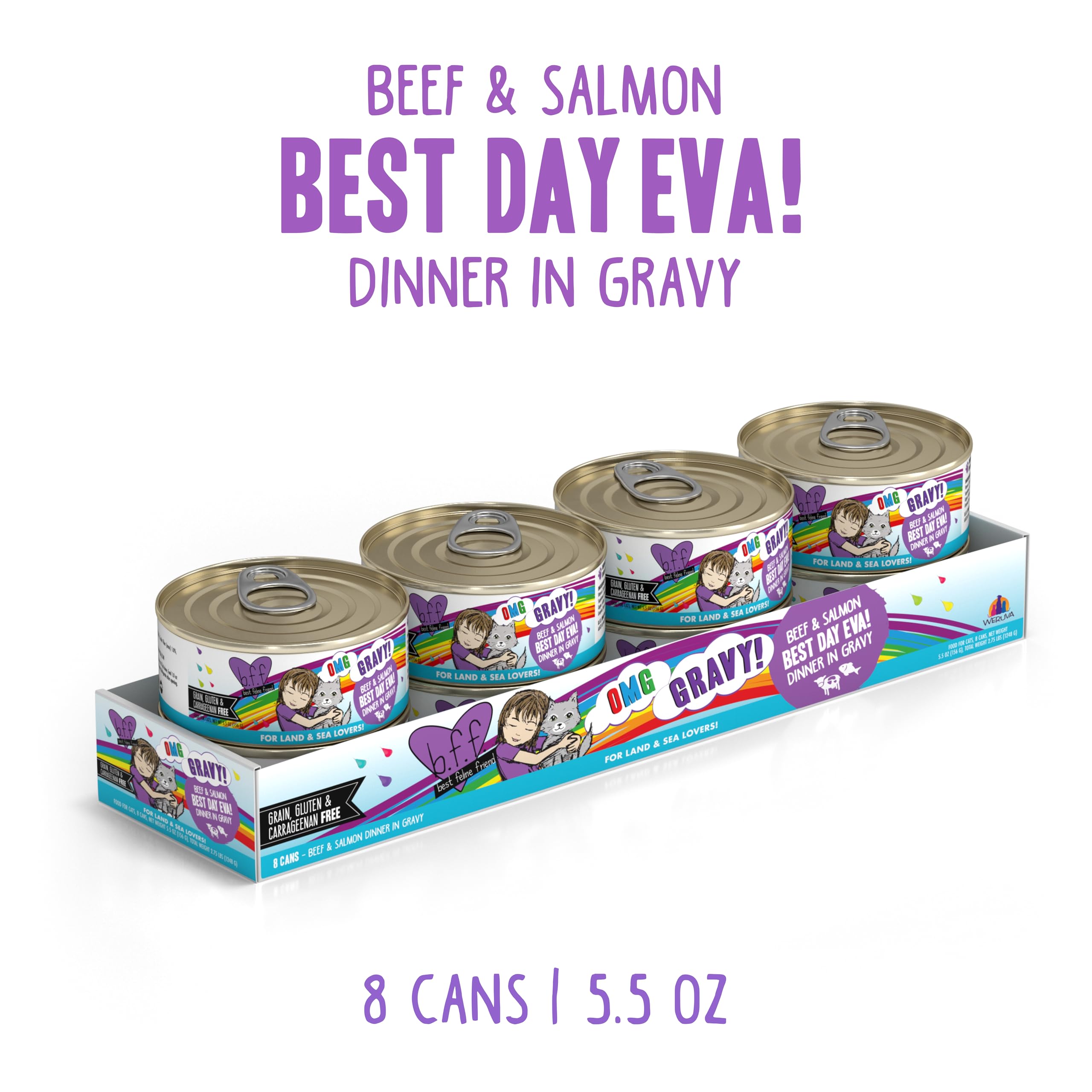 Weruva B.F.F. OMG minced beef and salmon for tender bites.