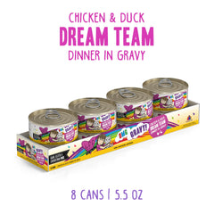 Pack of eight 5.5 oz cans of Weruva B.F.F. OMG in gravy.