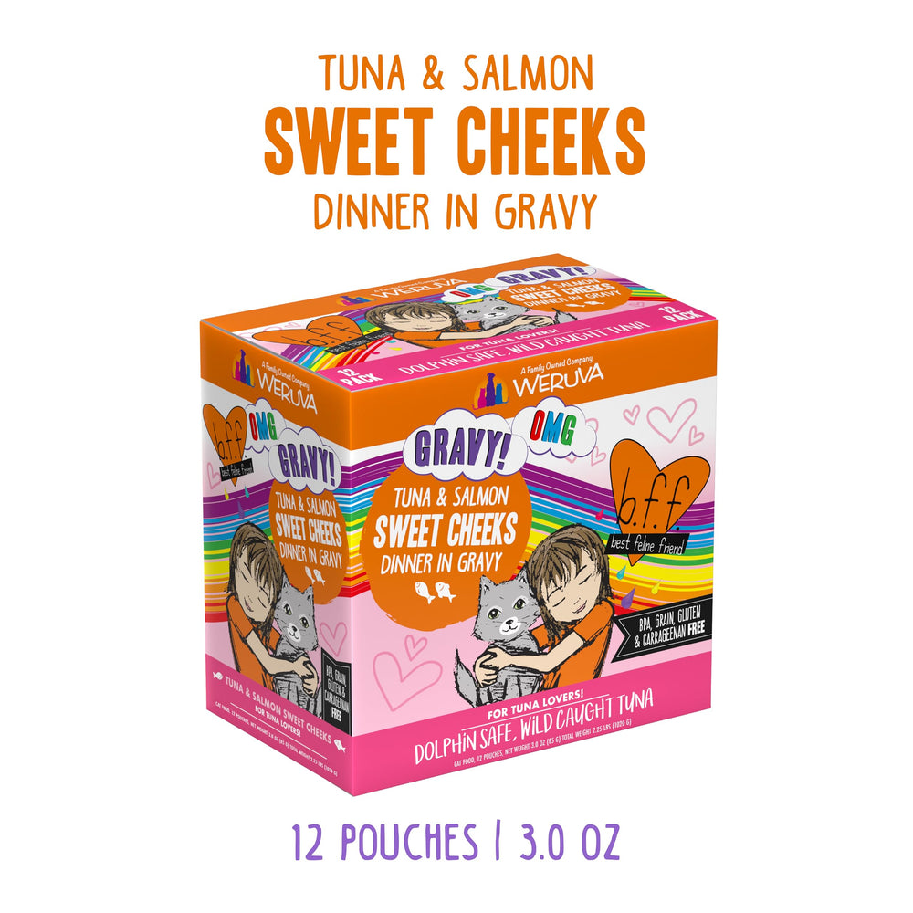 Weruva B.F.F. OMG 12-pack pouches shown for easy, consistent feeding.