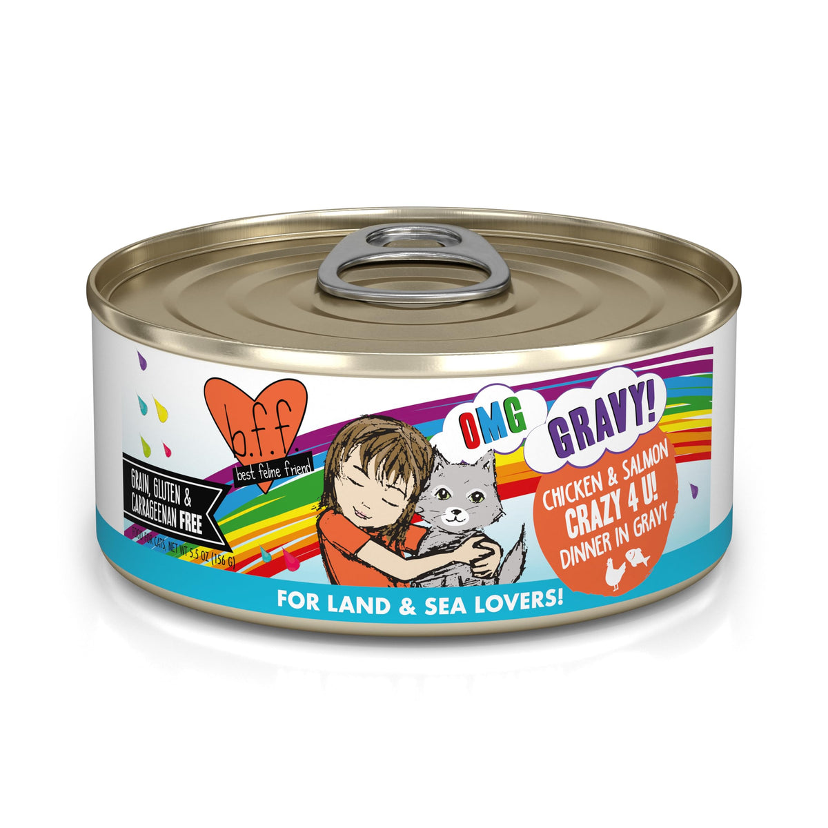 Weruva B.F.F. OMG pack of 8 cans displayed for convenient, protein-rich meals.